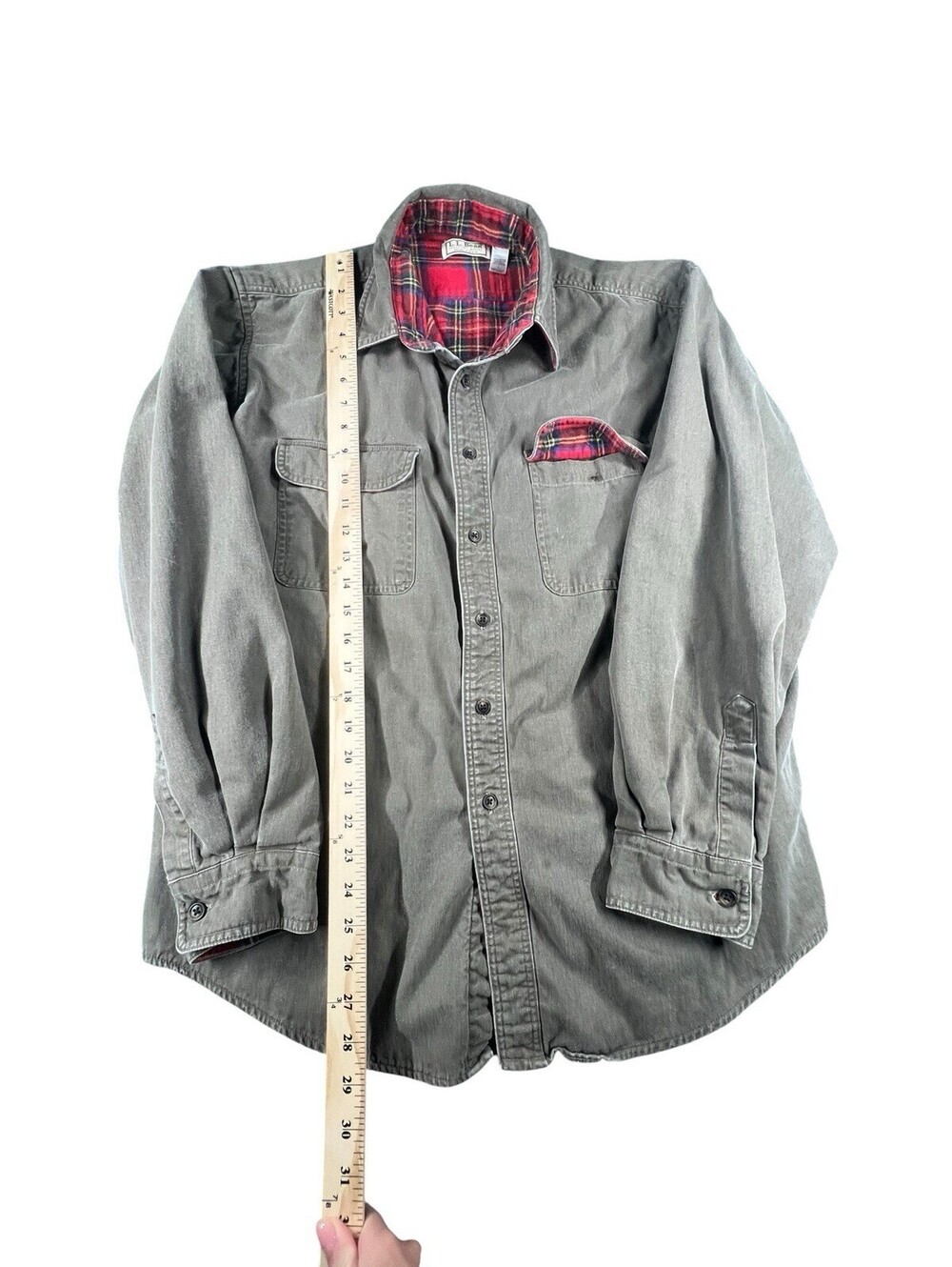 L.L.Bean Chamois Cloth Shirt Made in USA Faded Olive Flannel Lined Heritage - Picture 4 of 7